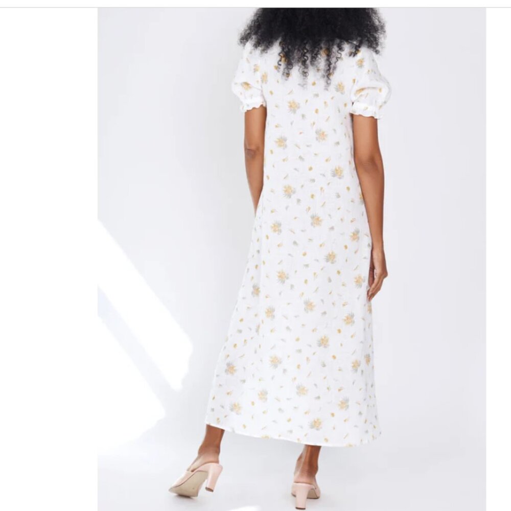 Sleeper Brigitte Linen Floral Midi Dress Mimosa Puff Sleeve Ivory Yellow Small - Picture 3 of 9
